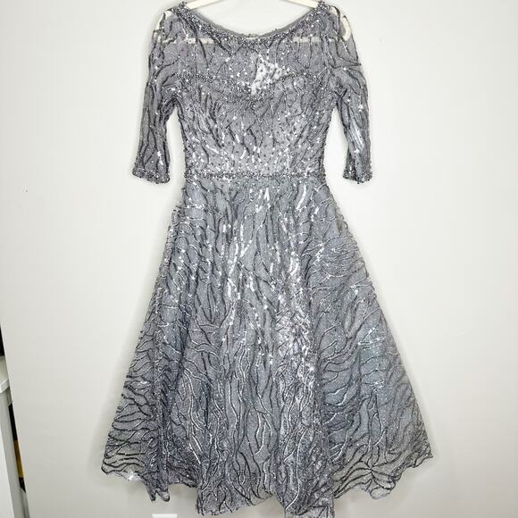 Mac Duggal 20252 High Neck Elbow Sleeve Embellished A Line Dress 4 NEW $598 - Picture 3 of 11